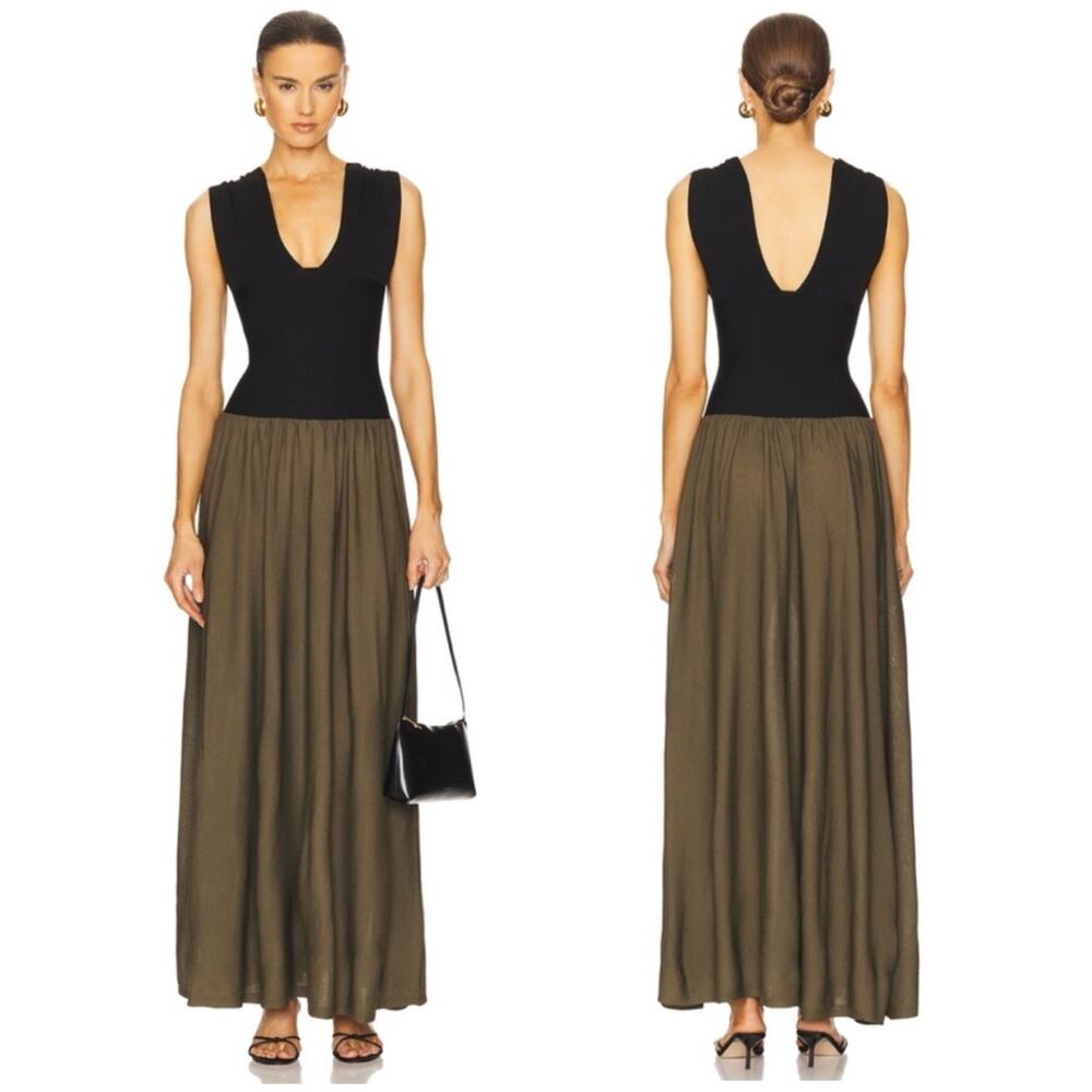 WeWoreWhat Deep V Corset Maxi Dress Size Large Black & Fern Nipped Waist Resort